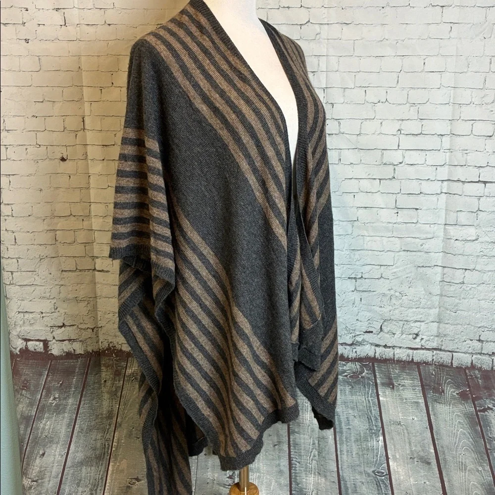 Cashmere Poncho Cape Scarf Gray Tan Stripe Boho Western 100% Cashmere Handmade - Picture 1 of 16
